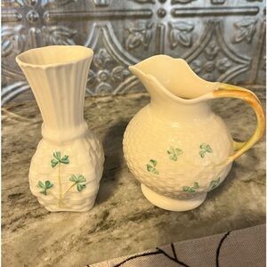 Antique/Vintage belleek vase and picture. Used. Shamrock pattern.